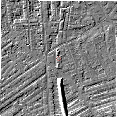 Shaded relief map of the ground around NG26BY, computed from Environment Agency LiDAR. The ground here sits at about 25 m above sea level and falls 12 m across the surrounding 800 m. Surface water reaching this point runs off ground lying to the north, 1.6 m higher.