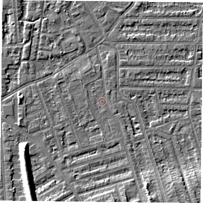 Shaded relief map of the ground around NG26BZ, computed from Environment Agency LiDAR. The ground here sits at about 24 m above sea level and falls 11 m across the surrounding 800 m. Surface water reaching this point runs off ground lying to the south, 4.7 m higher.