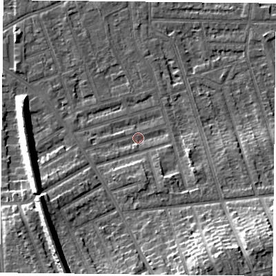 Shaded relief map of the ground around NG26DH, computed from Environment Agency LiDAR. The ground here sits at about 25 m above sea level and falls 15 m across the surrounding 800 m. Surface water reaching this point runs off ground lying to the south-south-east, 13.8 m higher.