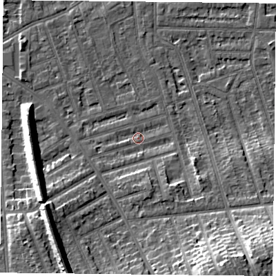 Shaded relief map of the ground around NG26DJ, computed from Environment Agency LiDAR. The ground here sits at about 25 m above sea level and falls 15 m across the surrounding 800 m. Surface water reaching this point runs off ground lying to the south-south-east, 14.4 m higher.