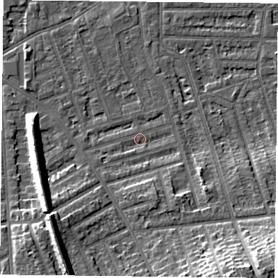 Shaded relief map of the ground around NG26DL, computed from Environment Agency LiDAR. The ground here sits at about 25 m above sea level and falls 15 m across the surrounding 800 m. Surface water reaching this point runs off ground lying to the west-south-west, 1.0 m higher.