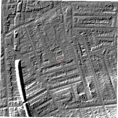 Shaded relief map of the ground around NG26DQ, computed from Environment Agency LiDAR. The ground here sits at about 24 m above sea level and falls 12 m across the surrounding 800 m. Surface water reaching this point runs off ground lying to the south, 0.8 m higher.