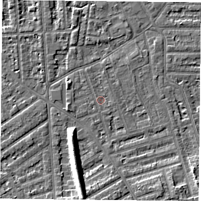 Shaded relief map of the ground around NG26DR, computed from Environment Agency LiDAR. The ground here sits at about 24 m above sea level and falls 12 m across the surrounding 800 m. Surface water reaching this point runs off ground lying to the south, 10.2 m higher.