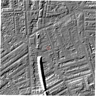 Shaded relief map of the ground around NG26DS, computed from Environment Agency LiDAR. The ground here sits at about 24 m above sea level and falls 12 m across the surrounding 800 m. Surface water reaching this point runs off ground lying to the south, 10.1 m higher.