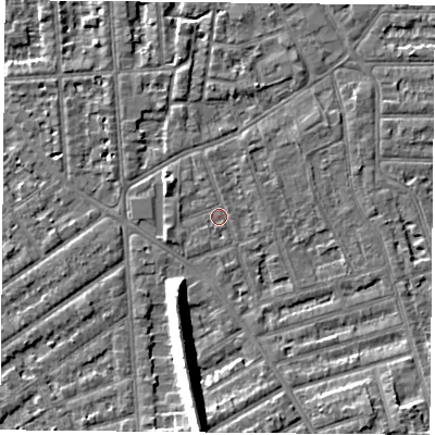 Shaded relief map of the ground around NG26DT, computed from Environment Agency LiDAR. The ground here sits at about 24 m above sea level and falls 12 m across the surrounding 800 m. Surface water reaching this point runs off ground lying to the south, 10.2 m higher.