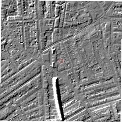 Shaded relief map of the ground around NG26DW, computed from Environment Agency LiDAR. The ground here sits at about 24 m above sea level and falls 12 m across the surrounding 800 m. Surface water reaching this point runs off ground lying to the south, 10.2 m higher.