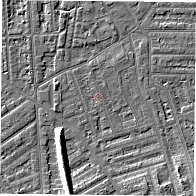 Shaded relief map of the ground around NG26DX, computed from Environment Agency LiDAR. The ground here sits at about 24 m above sea level and falls 12 m across the surrounding 800 m. Surface water reaching this point runs off ground lying to the south, 1.4 m higher.