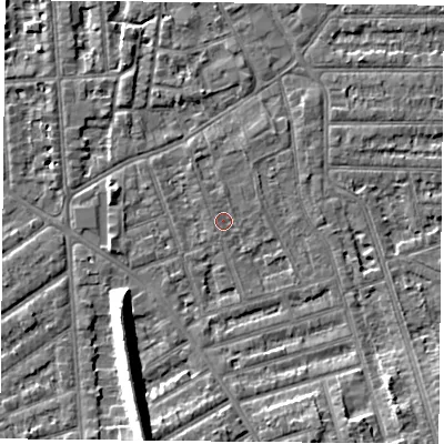 Shaded relief map of the ground around NG26DY, computed from Environment Agency LiDAR. The ground here sits at about 24 m above sea level and falls 11 m across the surrounding 800 m. Surface water reaching this point runs off ground lying to the south-south-west, 0.6 m higher.