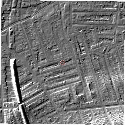 Shaded relief map of the ground around NG26DZ, computed from Environment Agency LiDAR. The ground here sits at about 24 m above sea level and falls 14 m across the surrounding 800 m. Surface water reaching this point runs off ground lying to the south-south-east, 11.8 m higher.