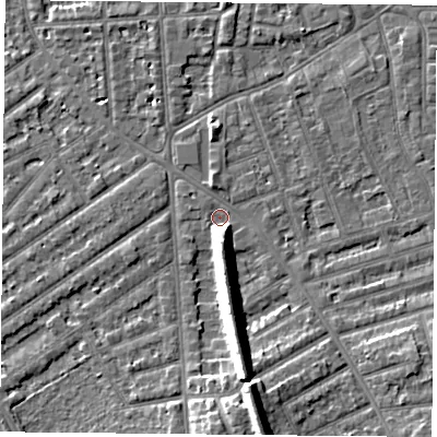 Shaded relief map of the ground around NG26EL, computed from Environment Agency LiDAR. The ground here sits at about 24 m above sea level and falls 12 m across the surrounding 800 m. Surface water reaching this point runs off ground lying to the south, 6.8 m higher.