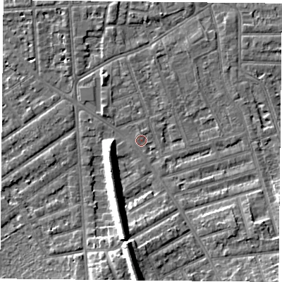 Shaded relief map of the ground around NG26EN, computed from Environment Agency LiDAR. The ground here sits at about 25 m above sea level and falls 12 m across the surrounding 800 m. Surface water reaching this point runs off ground lying to the south-east, 1.4 m higher.