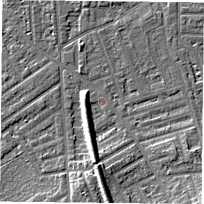 Shaded relief map of the ground around NG26EP, computed from Environment Agency LiDAR. The ground here sits at about 25 m above sea level and falls 12 m across the surrounding 800 m. Surface water reaching this point runs off ground lying to the south, 10.3 m higher.
