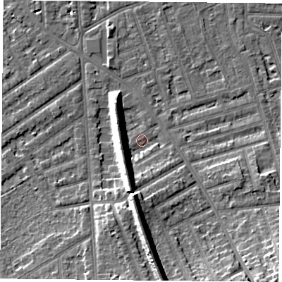 Shaded relief map of the ground around NG26EQ, computed from Environment Agency LiDAR. The ground here sits at about 25 m above sea level and falls 13 m across the surrounding 800 m. Surface water reaching this point runs off ground lying to the south, 11.1 m higher.