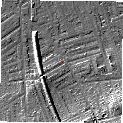 Shaded relief map of the ground around NG26ER, computed from Environment Agency LiDAR. The ground here sits at about 26 m above sea level and falls 15 m across the surrounding 800 m. Surface water reaching this point runs off ground lying to the south-south-east, 10.8 m higher.