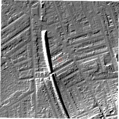 Shaded relief map of the ground around NG26ES, computed from Environment Agency LiDAR. The ground here sits at about 26 m above sea level and falls 13 m across the surrounding 800 m. Surface water reaching this point runs off ground lying to the south-south-west, 2.8 m higher.