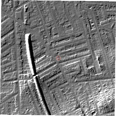 Shaded relief map of the ground around NG26ET, computed from Environment Agency LiDAR. The ground here sits at about 25 m above sea level and falls 16 m across the surrounding 800 m. Surface water reaching this point runs off ground lying to the south-east, 13.5 m higher.