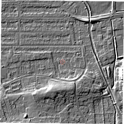 Shaded relief map of the ground around NG26LG, computed from Environment Agency LiDAR. The ground here sits at about 24 m above sea level and falls 8 m across the surrounding 800 m. Surface water reaching this point runs off ground lying to the south, 5.6 m higher.