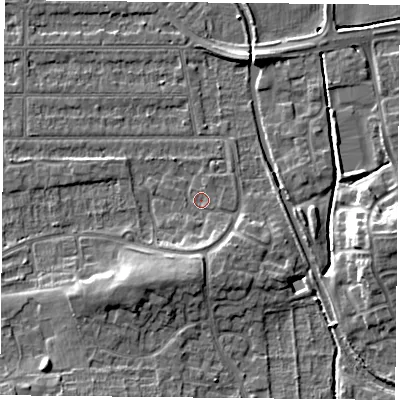 Shaded relief map of the ground around NG26LH, computed from Environment Agency LiDAR. The ground here sits at about 24 m above sea level and falls 10 m across the surrounding 800 m. Surface water reaching this point runs off ground lying to the south, 3.0 m higher.