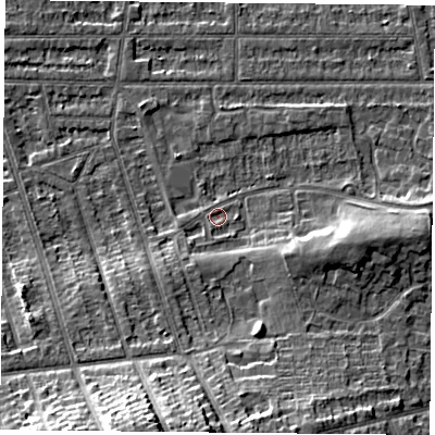 Shaded relief map of the ground around NG26LN, computed from Environment Agency LiDAR. The ground here sits at about 24 m above sea level and falls 15 m across the surrounding 800 m. Surface water reaching this point runs off ground lying to the south-west, 3.1 m higher.