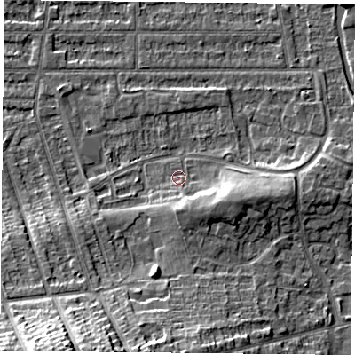 Shaded relief map of the ground around NG26LR, computed from Environment Agency LiDAR. The ground here sits at about 24 m above sea level and falls 14 m across the surrounding 800 m. Surface water reaching this point runs off ground lying to the south-south-east, 3.8 m higher.