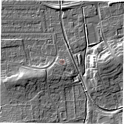 Shaded relief map of the ground around NG26LT, computed from Environment Agency LiDAR. The ground here sits at about 26 m above sea level and falls 9 m across the surrounding 800 m. Surface water reaching this point runs off ground lying to the south-south-west, 1.6 m higher.