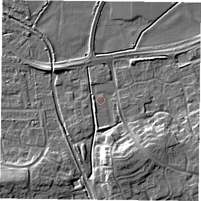 Shaded relief map of the ground around NG26NQ, computed from Environment Agency LiDAR. The ground here sits at about 24 m above sea level and falls 10 m across the surrounding 800 m. Surface water reaching this point runs off ground lying to the south, 2.4 m higher.