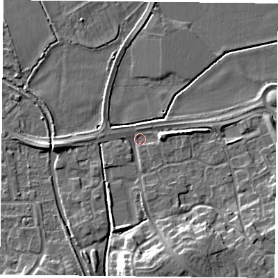 Shaded relief map of the ground around NG26NR, computed from Environment Agency LiDAR. The ground here sits at about 23 m above sea level and falls 10 m across the surrounding 800 m. Surface water reaching this point runs off ground lying to the south, 9.2 m higher.