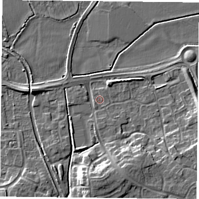 Shaded relief map of the ground around NG26NS, computed from Environment Agency LiDAR. The ground here sits at about 23 m above sea level and falls 10 m across the surrounding 800 m. The ground contributing surface water to this point lies to the east-north-east.