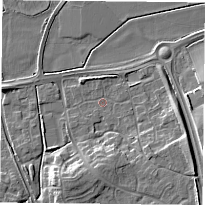 Shaded relief map of the ground around NG26NT, computed from Environment Agency LiDAR. The ground here sits at about 24 m above sea level and falls 11 m across the surrounding 800 m. Surface water reaching this point runs off ground lying to the south-south-west, 7.6 m higher.