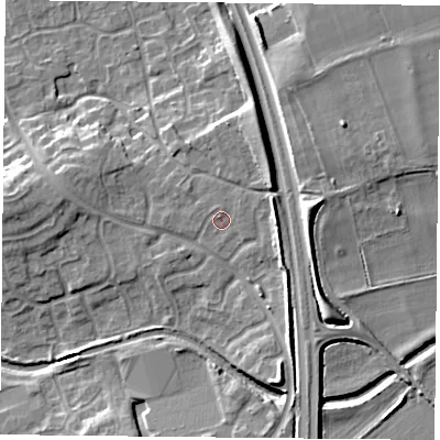 Shaded relief map of the ground around NG26PQ, computed from Environment Agency LiDAR. The ground here sits at about 28 m above sea level and falls 10 m across the surrounding 800 m. Surface water reaching this point runs off ground lying to the east-north-east, 0.7 m higher.