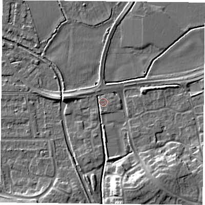 Shaded relief map of the ground around NG26QN, computed from Environment Agency LiDAR. The ground here sits at about 24 m above sea level and falls 10 m across the surrounding 800 m. Surface water reaching this point runs off ground lying to the west, 3.9 m higher.