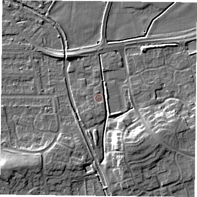 Shaded relief map of the ground around NG26QR, computed from Environment Agency LiDAR. The ground here sits at about 24 m above sea level and falls 10 m across the surrounding 800 m. Surface water reaching this point runs off ground lying to the south-east, 8.5 m higher.