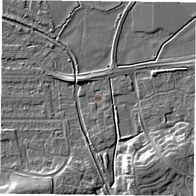 Shaded relief map of the ground around NG26SX, computed from Environment Agency LiDAR. The ground here sits at about 24 m above sea level and falls 10 m across the surrounding 800 m. Surface water reaching this point runs off ground lying to the south-south-east, 1.7 m higher.