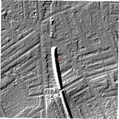 Shaded relief map of the ground around NG26UF, computed from Environment Agency LiDAR. The ground here sits at about 24 m above sea level and falls 13 m across the surrounding 800 m. Surface water reaching this point runs off ground lying to the south, 11.1 m higher.