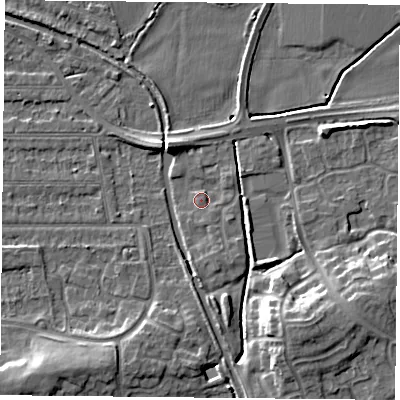Shaded relief map of the ground around NG26UH, computed from Environment Agency LiDAR. The ground here sits at about 24 m above sea level and falls 10 m across the surrounding 800 m. Surface water reaching this point runs off ground lying to the south-south-east, 1.7 m higher.