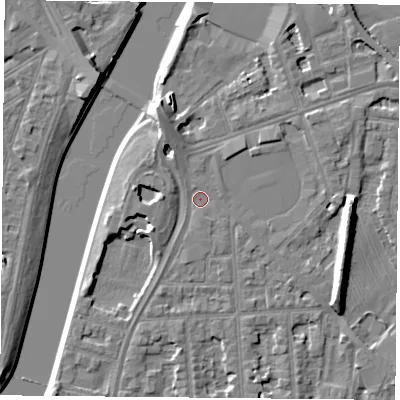 Shaded relief map of the ground around NG26UJ, computed from Environment Agency LiDAR. The ground here sits at about 24 m above sea level and falls 9 m across the surrounding 800 m. Surface water reaching this point runs off ground lying to the north-north-west, 3.9 m higher.