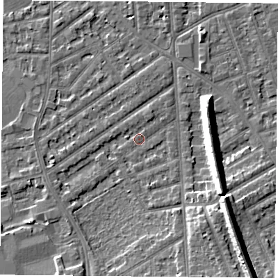 Shaded relief map of the ground around NG27AG, computed from Environment Agency LiDAR. The ground here sits at about 24 m above sea level and falls 13 m across the surrounding 800 m. Surface water reaching this point runs off ground lying to the south-east, 10.6 m higher.