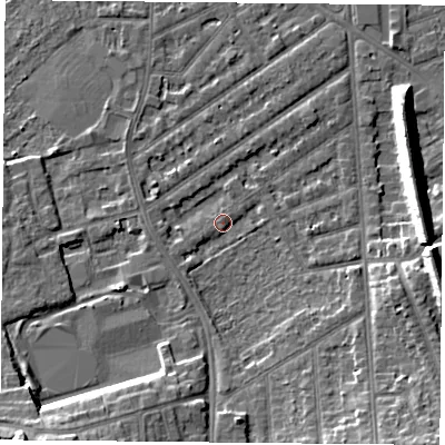 Shaded relief map of the ground around NG27AH, computed from Environment Agency LiDAR. The ground here sits at about 25 m above sea level and falls 12 m across the surrounding 800 m. Surface water reaching this point runs off ground lying to the south-west, 8.6 m higher.