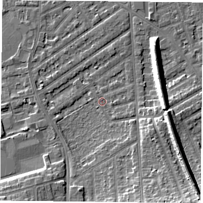 Shaded relief map of the ground around NG27AJ, computed from Environment Agency LiDAR. The ground here sits at about 25 m above sea level and falls 13 m across the surrounding 800 m. Surface water reaching this point runs off ground lying to the south-east, 2.9 m higher.