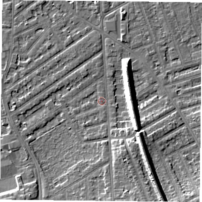 Shaded relief map of the ground around NG27AL, computed from Environment Agency LiDAR. The ground here sits at about 25 m above sea level and falls 13 m across the surrounding 800 m. Surface water reaching this point runs off ground lying to the south-east, 10.9 m higher.