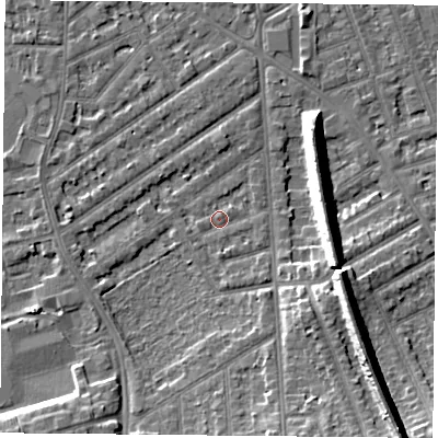 Shaded relief map of the ground around NG27AN, computed from Environment Agency LiDAR. The ground here sits at about 25 m above sea level and falls 12 m across the surrounding 800 m. Surface water reaching this point runs off ground lying to the south-east, 2.2 m higher.