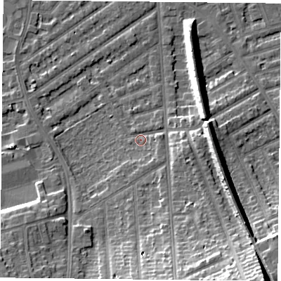 Shaded relief map of the ground around NG27AQ, computed from Environment Agency LiDAR. The ground here sits at about 25 m above sea level and falls 27 m across the surrounding 800 m. Surface water reaching this point runs off ground lying to the south-east, 2.2 m higher.