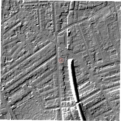 Shaded relief map of the ground around NG27BQ, computed from Environment Agency LiDAR. The ground here sits at about 25 m above sea level and falls 12 m across the surrounding 800 m. Surface water reaching this point runs off ground lying to the south-south-east, 10.6 m higher.