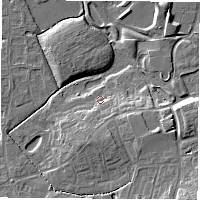 Shaded relief map of the ground around NG27EZ, computed from Environment Agency LiDAR. The ground here sits at about 25 m above sea level and falls 15 m across the surrounding 800 m. Surface water reaching this point runs off ground lying to the south-south-east, 5.0 m higher.