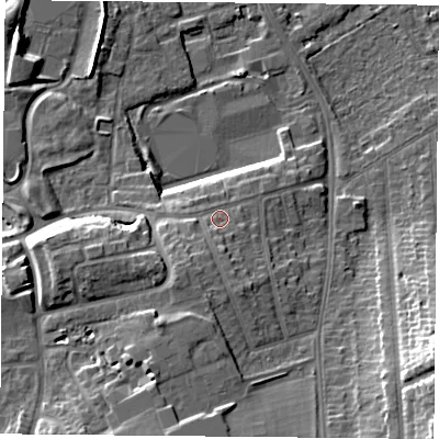 Shaded relief map of the ground around NG27HX, computed from Environment Agency LiDAR. The ground here sits at about 31 m above sea level and falls 21 m across the surrounding 800 m. Surface water reaching this point runs off ground lying to the south-west, 5.2 m higher.