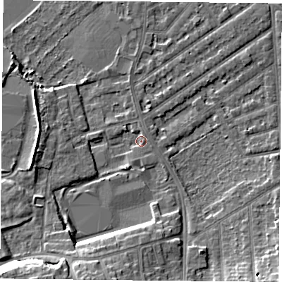 Shaded relief map of the ground around NG27HZ, computed from Environment Agency LiDAR. The ground here sits at about 25 m above sea level and falls 18 m across the surrounding 800 m. Surface water reaching this point runs off ground lying to the south-west, 12.3 m higher.
