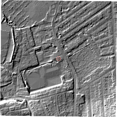 Shaded relief map of the ground around NG27JB, computed from Environment Agency LiDAR. The ground here sits at about 25 m above sea level and falls 18 m across the surrounding 800 m. Surface water reaching this point runs off ground lying to the south-west, 1.3 m higher.