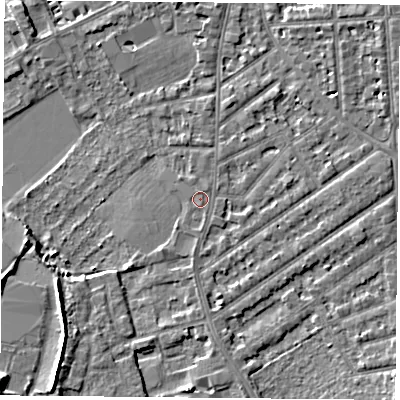 Shaded relief map of the ground around NG27JE, computed from Environment Agency LiDAR. The ground here sits at about 25 m above sea level and falls 8 m across the surrounding 800 m. Surface water reaching this point runs off ground lying to the south, 0.6 m higher.