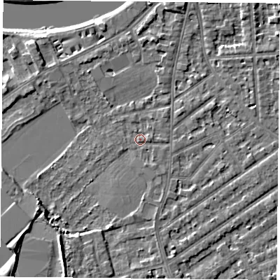 Shaded relief map of the ground around NG27JG, computed from Environment Agency LiDAR. The ground here sits at about 24 m above sea level and falls 8 m across the surrounding 800 m. Surface water reaching this point runs off ground lying to the south-south-east, 1.0 m higher.