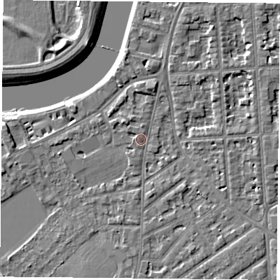 Shaded relief map of the ground around NG27JJ, computed from Environment Agency LiDAR. The ground here sits at about 24 m above sea level and falls 5 m across the surrounding 800 m. Surface water reaching this point runs off ground lying to the south-south-west, 0.9 m higher.
